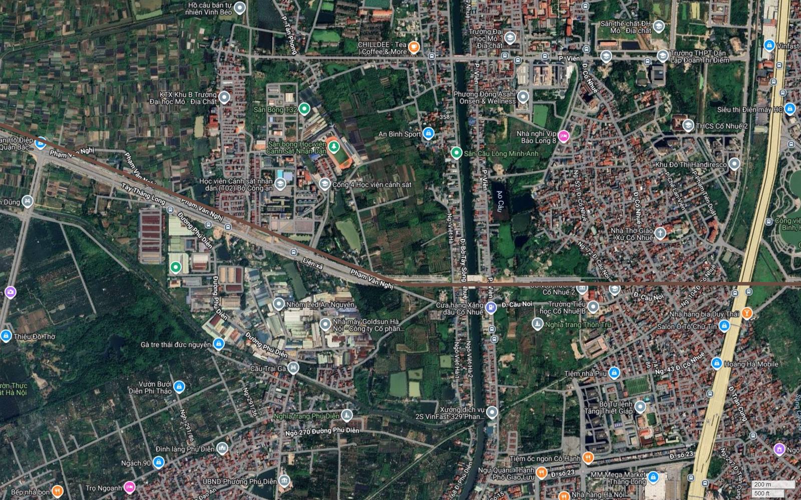 Hành lang metro số 7 cắt sông Nhuệ và đường Cầu Noi tại Cổ Nhuế, khu vực có Khu đô thị Handiresco và nhà thờ giáo xứ Cổ Nhuế